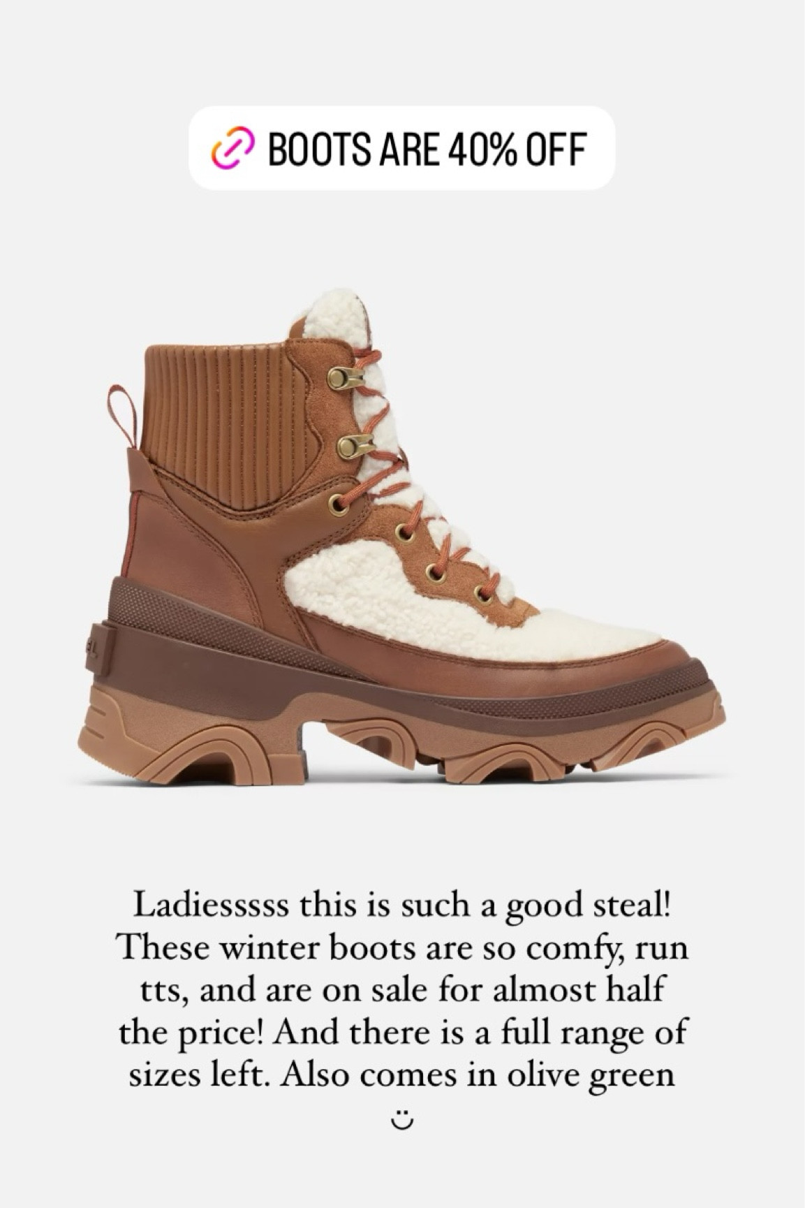 Ladiesssss this is such a good steal! These winter boots are so comfy, run tts, and are on sale for almost half the price! And there is a full range of sizes left. Also comes in olive green ◡̈ 

#WinterBoots
#WomensFashion
#SorrelBoots
#SherpaStyle
#CozyWinterWear
#ColdWeatherGear
#WinterWardrobe
#SnowDayStyle
#ComfortAndWarmth
#OutdoorEssentials 
@sorelfootwear


#LTKSeasonal #LTKCyberWeek #LTKShoeCrush