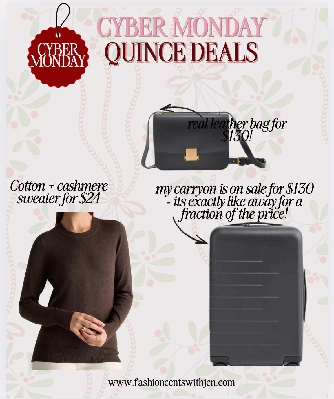 Quince deals for cyber Monday!
- fave carryon suitcase is exactly the same as away for a fraction of the price
- cashmere under $25
- live their bags! Real leather handbags



Cyber Monday


#LTKCyberWeek #LTKHoliday
