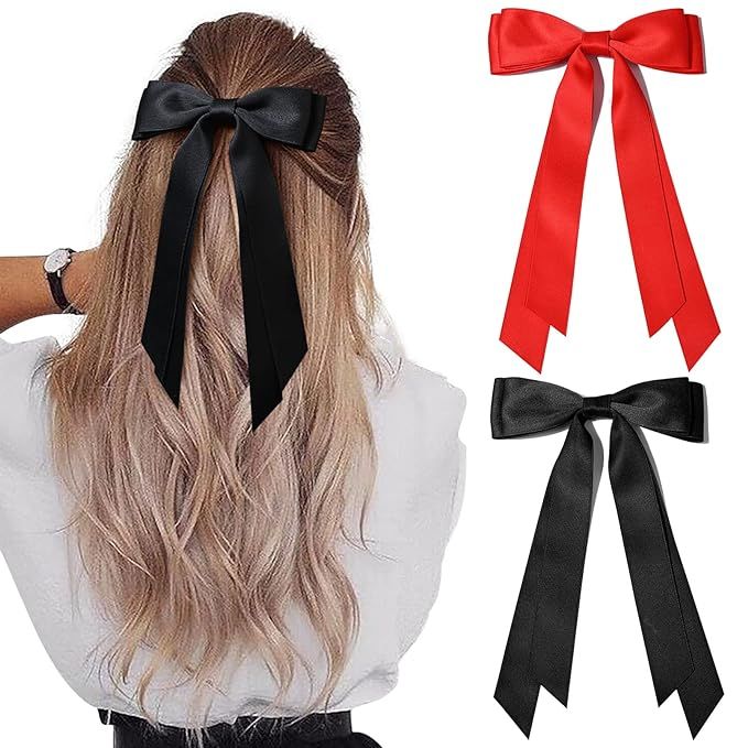 2PCS Silky Satin Hair Bows Hair Clip Black Red Hair Ribbon Ponytail Holder Accessories Slides Met... | Amazon (US)