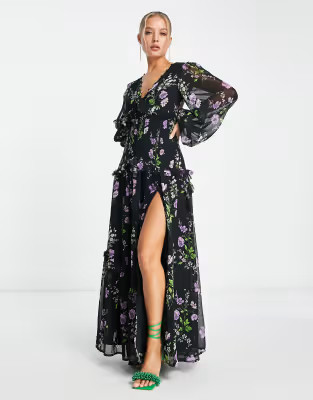 ASOS DESIGN button through pintuck maxi dress in black floral print | ASOS (Global)