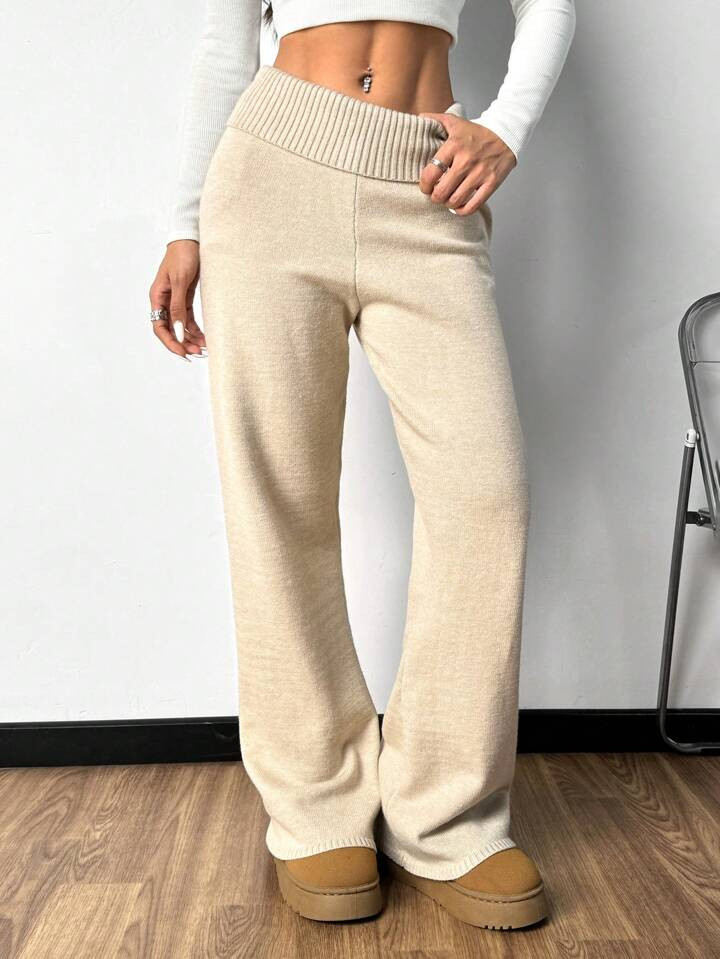 SHEIN EZwear Women High Waisted Flared Hem Khaki Knitted Flare Leg Pants | SHEIN USA | SHEIN