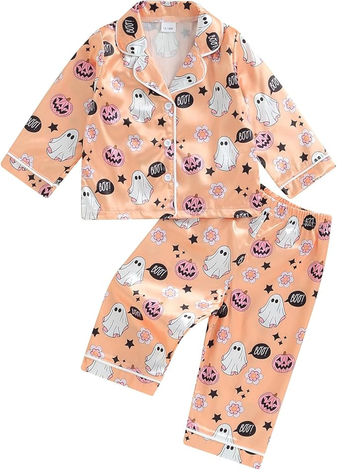 Kayotuas Halloween Pajamas Toddler Girl Pumpkin Ghost Pajama Set Long Sleeve Button Down Shirt Pa... | Amazon (US)