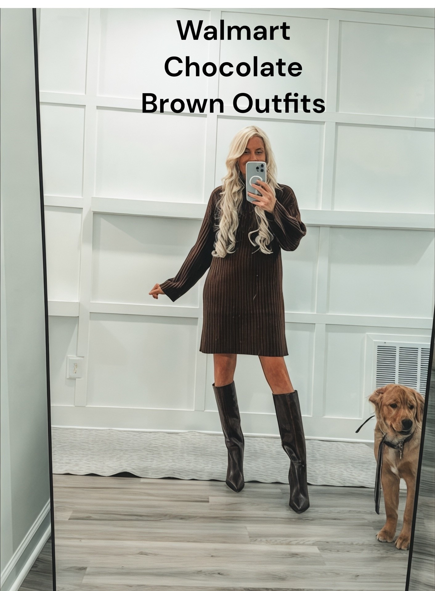 A cozy-chic winter moment unfolds in a polished, modern interior: soft white panel walls, toned wood flooring, and subtle textured accents. At center, a blonde woman stands in a rich chocolate knit sweater dress that hits mid-thigh, the ribbed texture giving an elevated, minimal-luxury feel. Her long, voluminous curls cascade over her shoulders, adding softness to the structured backdrop. She pairs the dress with sleek, knee-high chocolate boots that elongate the legs and pull the monochrome palette together. Beside her, a golden puppy sits sweetly at the edge of the frame, grounding the look with warmth and personality. The entire scene feels like a modern holiday editorial — warm cocoa tones, chic textures, and cozy elegance wrapped in one.

⸻



#ChocolateOutfit
#WinterSweaterDress
#CozyChicStyle
#MonochromeBrown
#LTKFashion
#TrendyHeidi
#NeutralAesthetic
#FallWinterStyle
#KneeHighBoots
#MinimalLuxe
#HolidayOutfitIdeas
#SweaterDressSeason
#OOTDStyle
#FashionInspoDaily
#ClassicWinterLook


#LTKGiftGuide #LTKHoliday #LTKdayinmylife