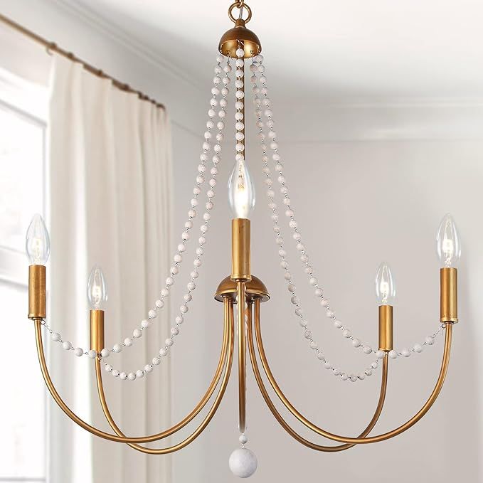 Gold Chandelier, 5-Light Chandeliers for Dining Room, 25" Chandelier Light Fixture with Wood Bead... | Amazon (US)