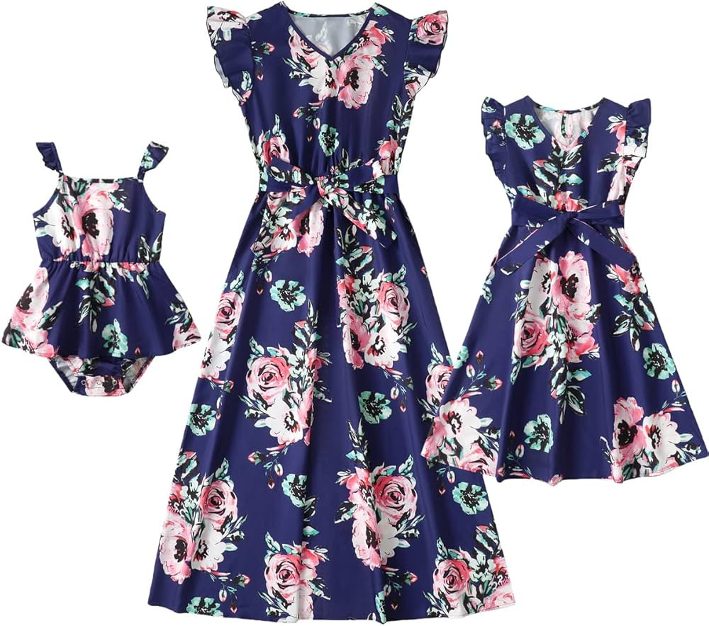 Amazon.com: Focamia Pink V Neck Ruffle Short-Sleeve Splicing Butterfly and Floral Print Dress for... | Amazon (US)