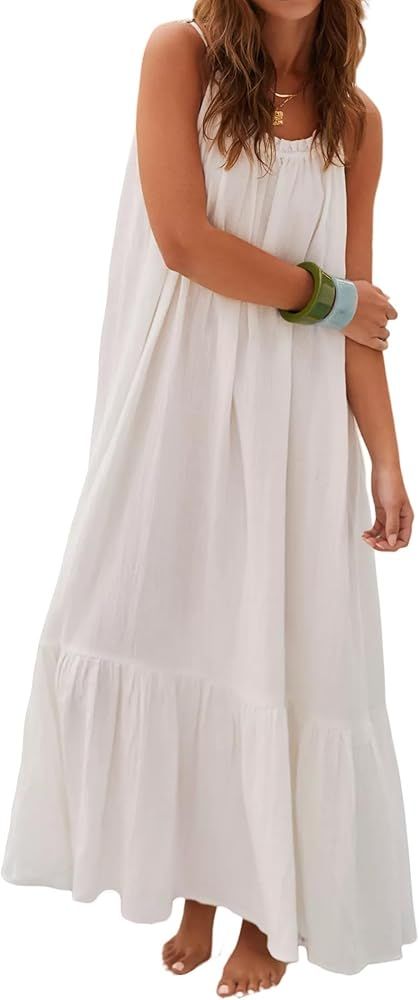 R.Vivimos Women's Summer Cotton Maxi Dress Adjustable Spaghetti Strap Boho Casual Backless Ruffle... | Amazon (US)