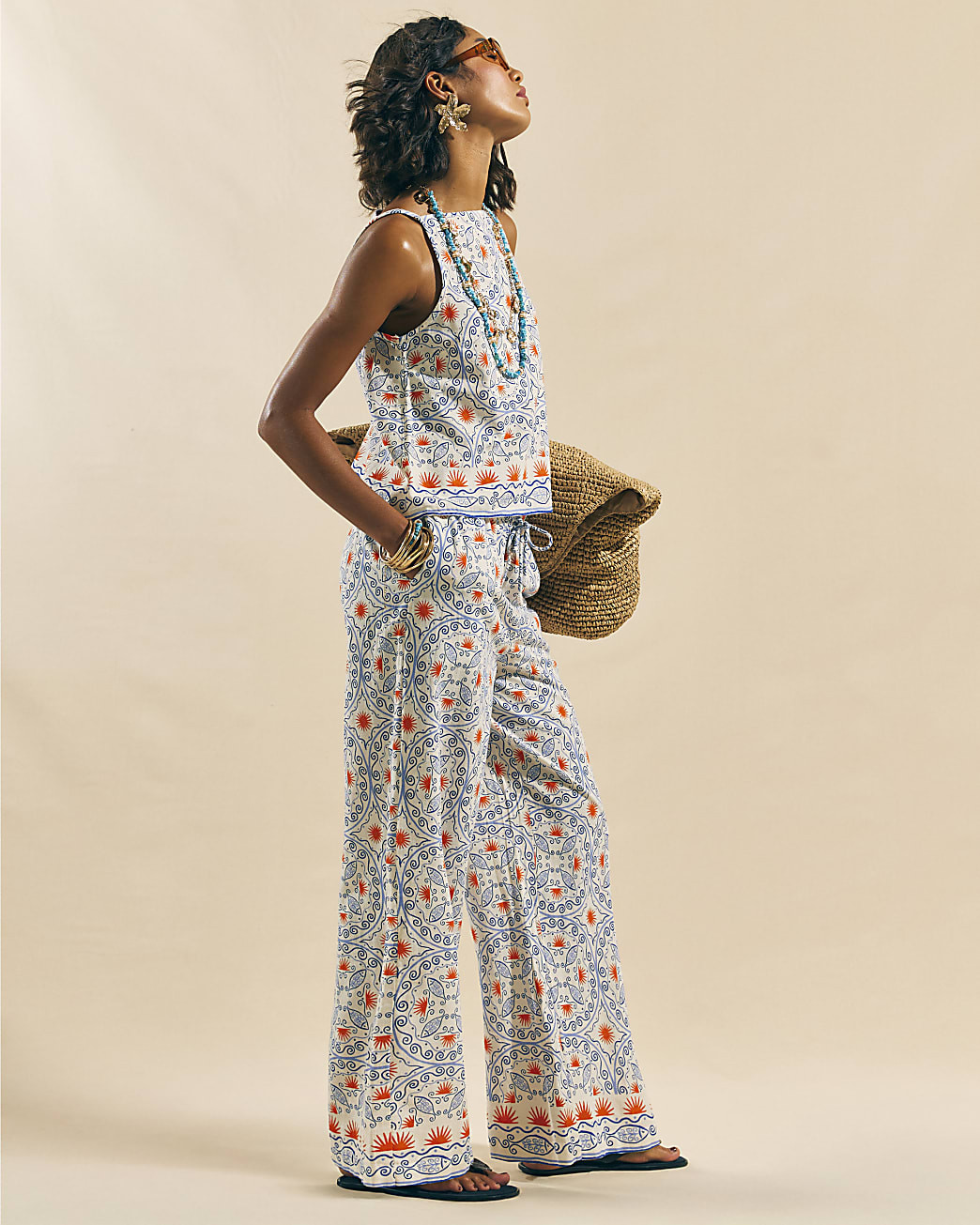 Blue Printed Linen Blend Trousers | River Island UK & IE