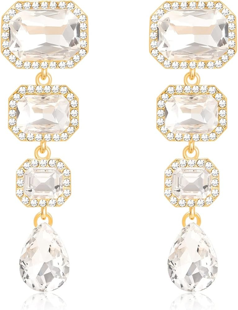 Vintage Rhinestone Drop Dangle Earrings Statement Crystal Dangling Earrings Rectangle Teardrop Ch... | Amazon (US)