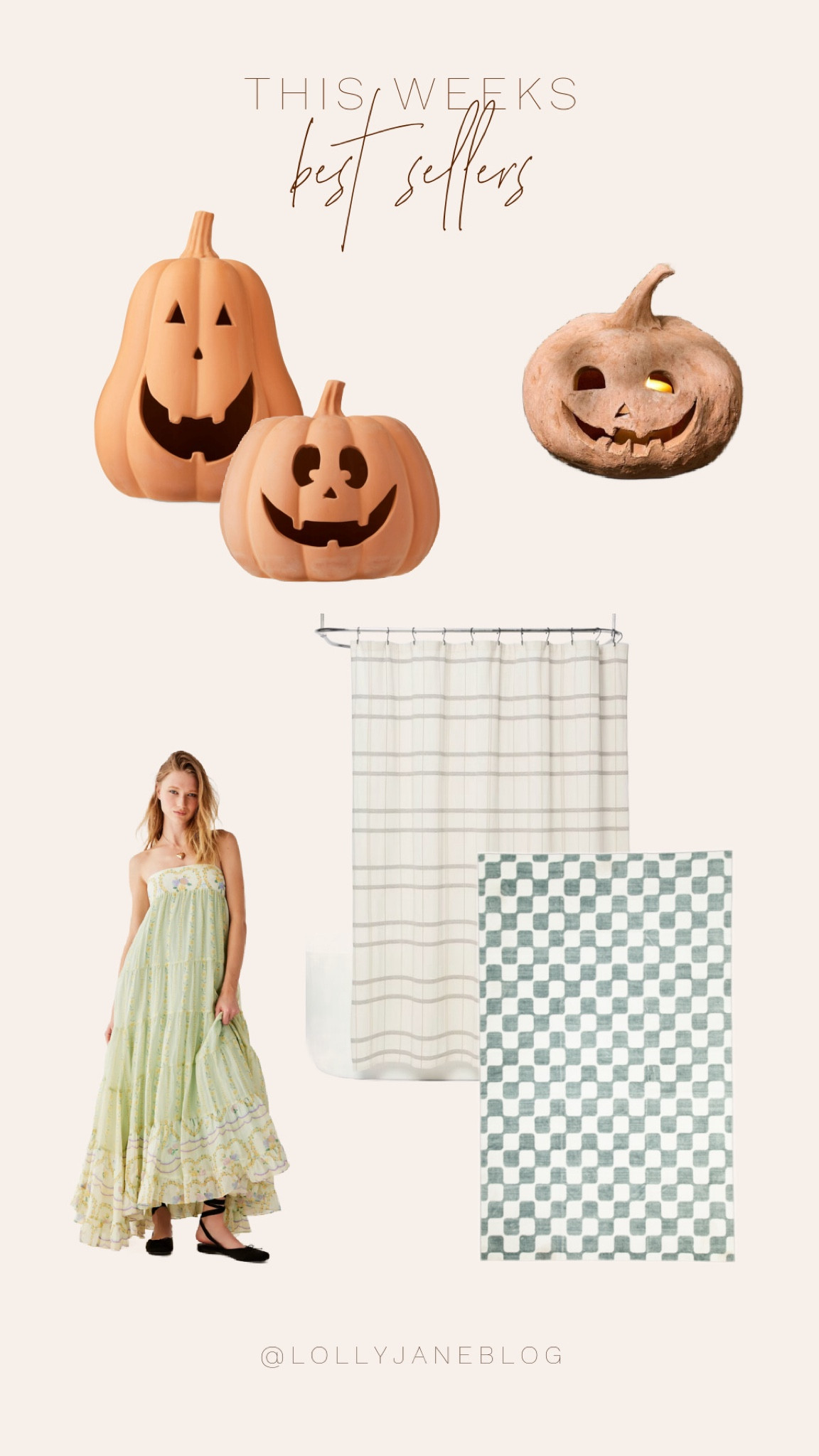This week’s best sellers! 🎃🫶🏻

✨ Fall into style with our must-have essentials for the season!🖤 Snag these ceramic jack-o-lanterns from Walmart to light up your Halloween vibes 🎃, brighten your bathroom with a chic striped shower curtain from Target , add cozy charm with a checkered rug from Marshalls 🏡, and strut your stuff in a stunning dress from Free People. These top picks are flying off the shelves—don’t miss out on making your fall fabulous! 🍁 #FallEssentials #BestSellers #SeasonalStyle



#LTKHome #LTKStyleTip #LTKSeasonal