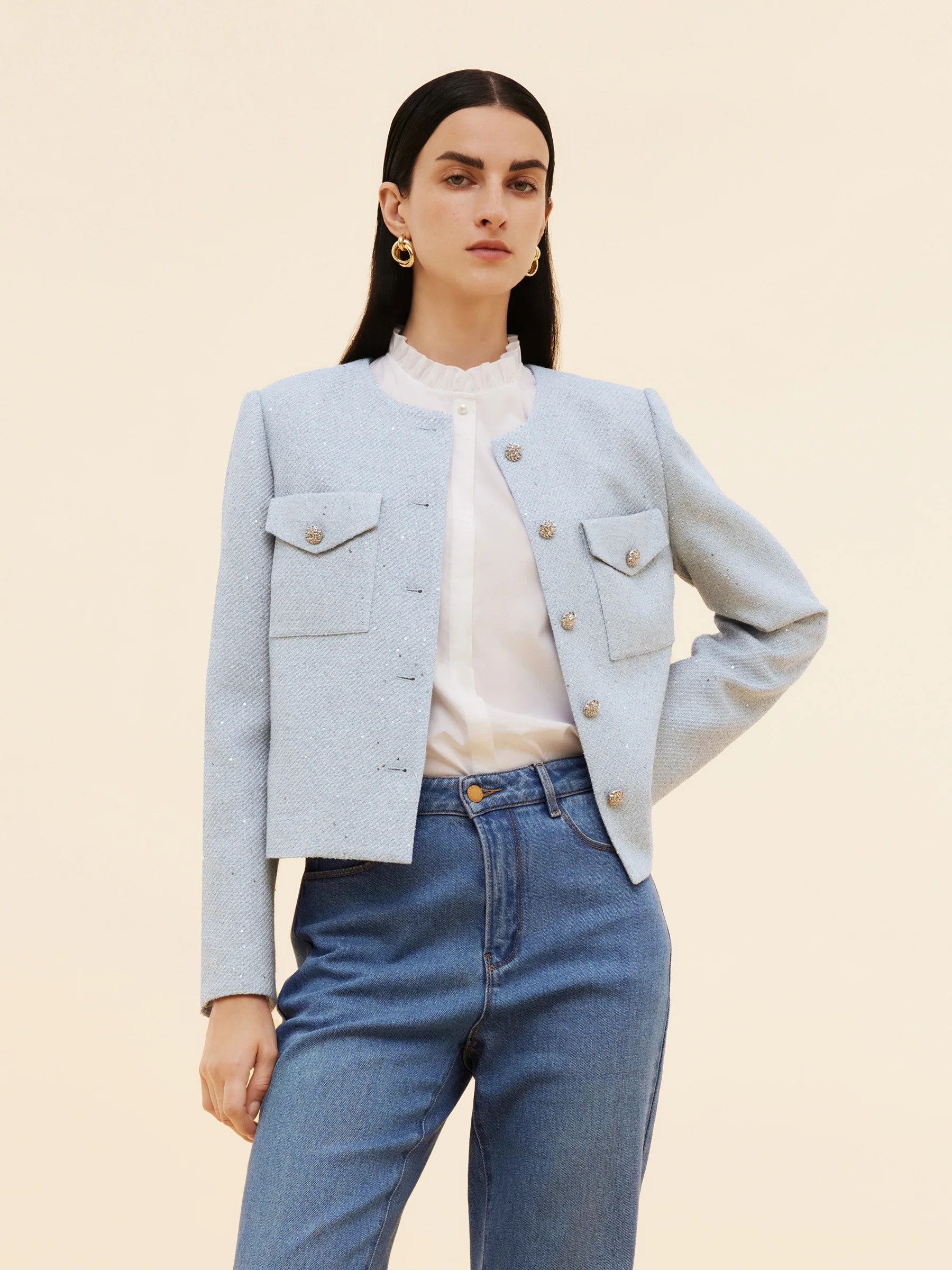 Acetate Blend Sequins Women Crop Jacket | GOELIA