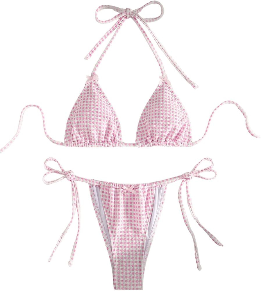 Women's 2 Piece Gingham Bikini Y2K Halter Tie Bikini Set Triangle Bow Front Beachwear Texture Swi... | Amazon (US)