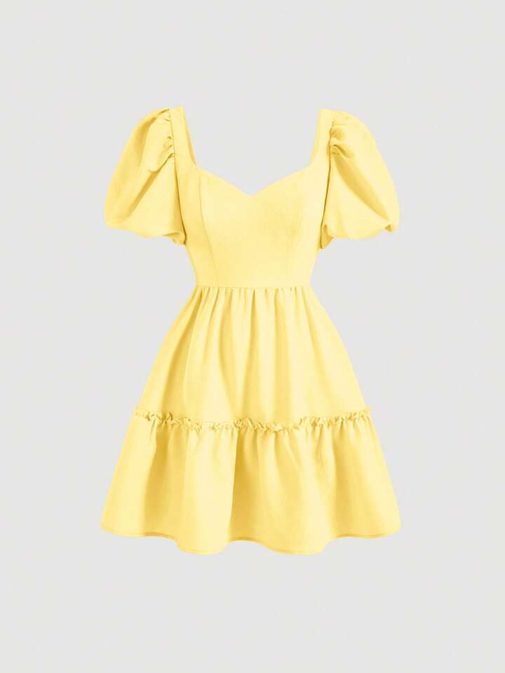 SHEIN MOD Sweetheart Neck Puff Sleeve Ruffle Hem Dress | SHEIN