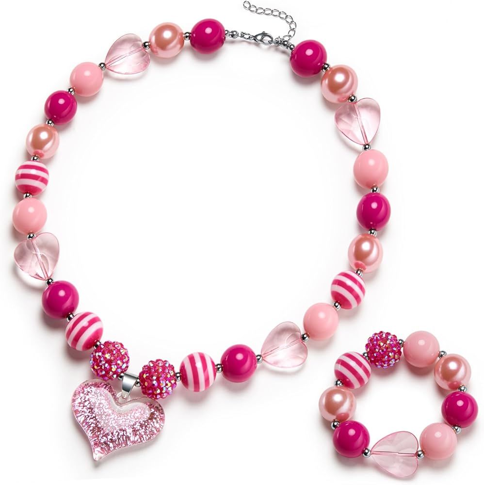 vcmart Girls Gilitter Heart Chunky Bubblegum Bead Necklace & Bracelet Set Fashion Jewelry Pendant... | Amazon (US)