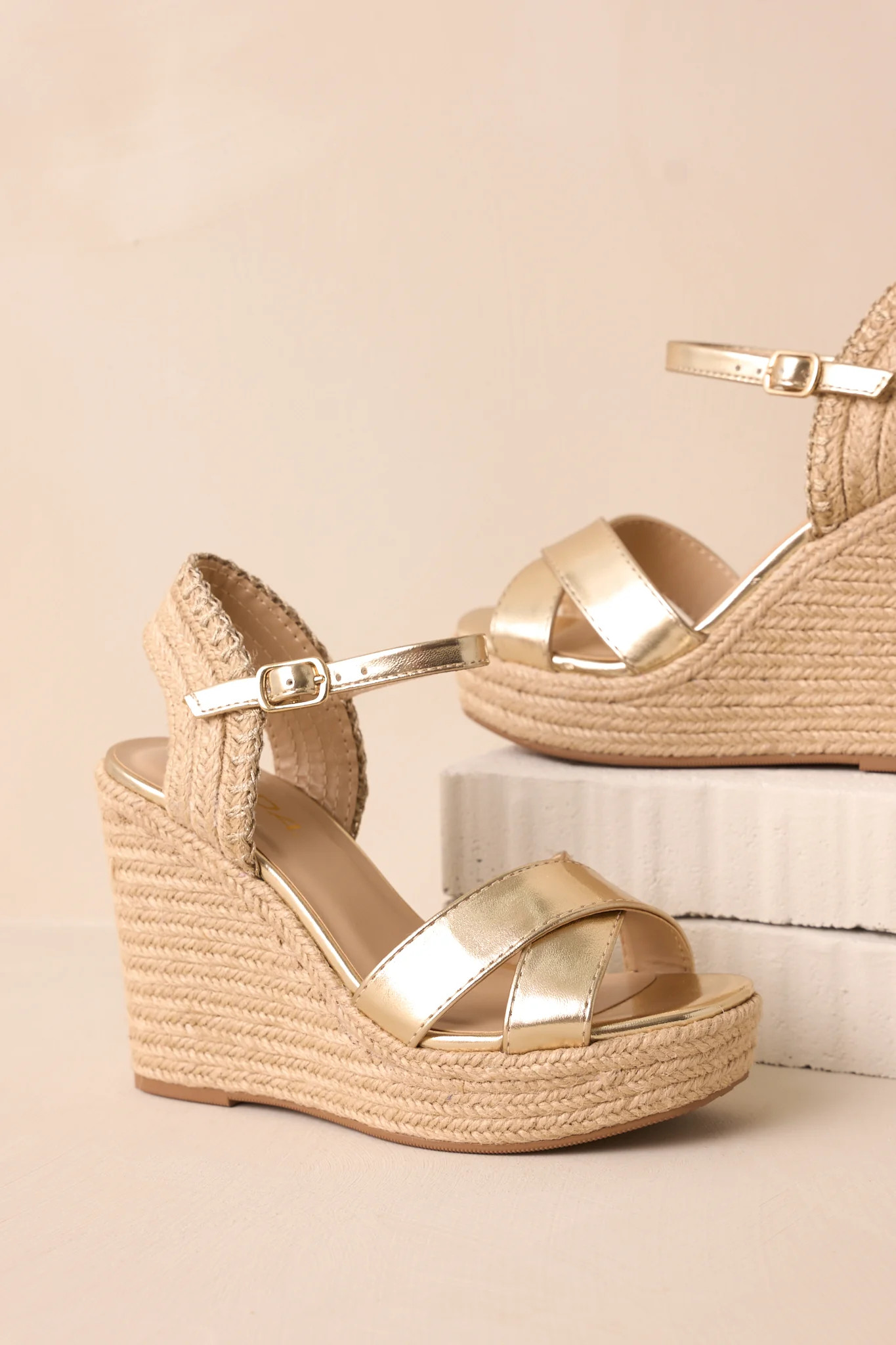 Lovely Steps Gold Platform Wedges | Red Dress