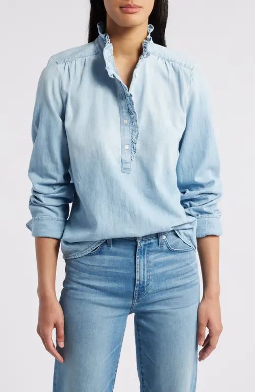 caslon(r) Ruffle Chambray Top in Light Wash at Nordstrom, Size Xx-Small | Nordstrom