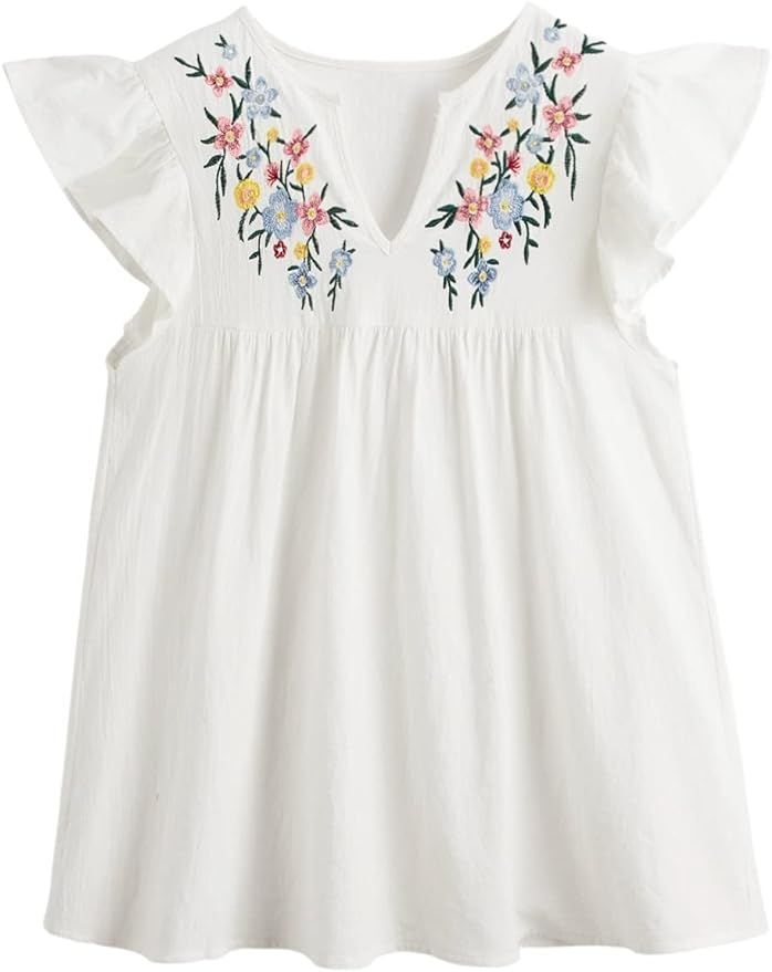 Floerns Women's Floral Embroidered V Neck Ruffle Cap Sleeve Peplum Blouse Top | Amazon (US)