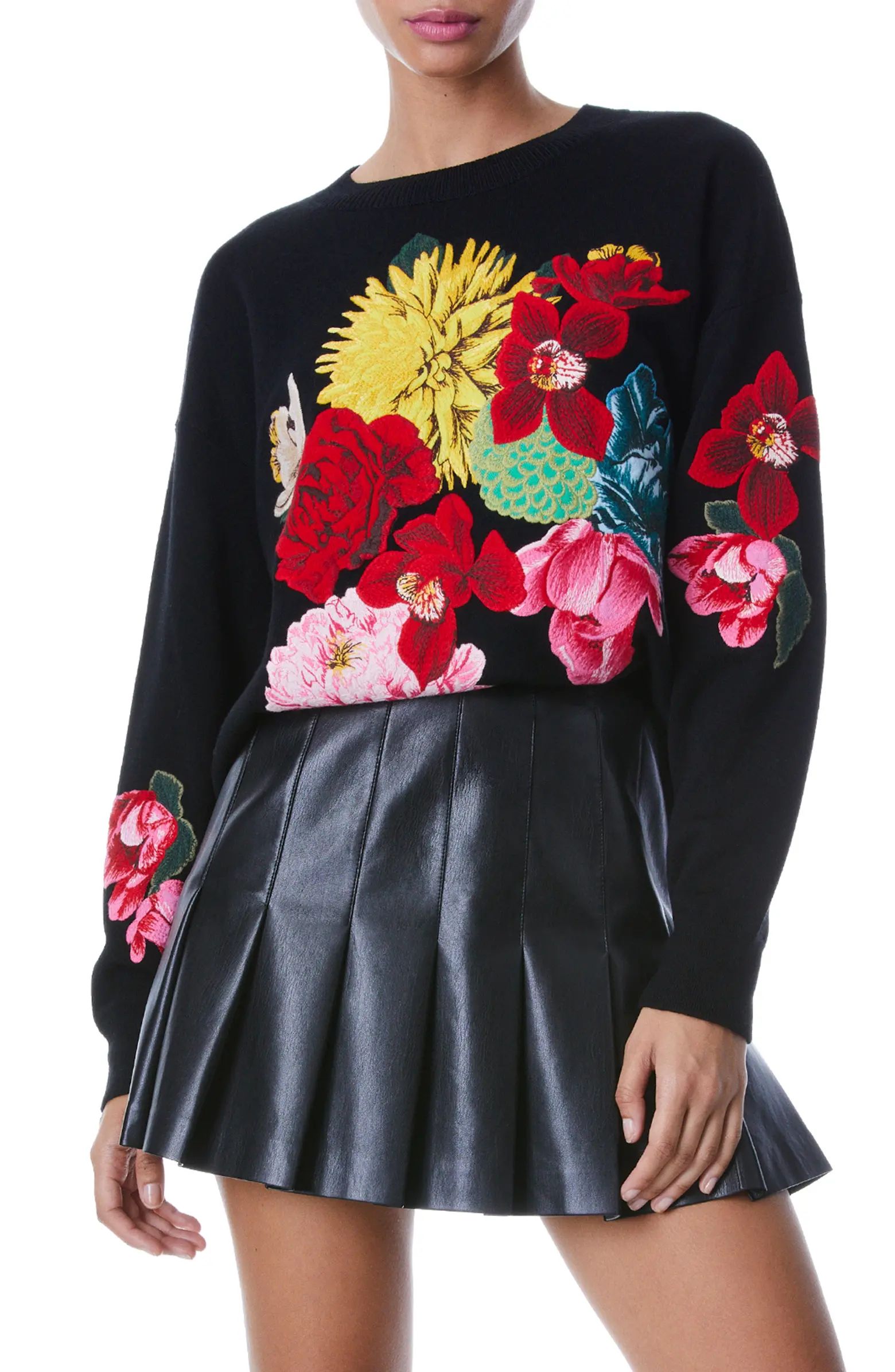 Alice + Olivia Belva Floral Jacquard Stretch Wool Crewneck Sweater | Nordstrom | Nordstrom