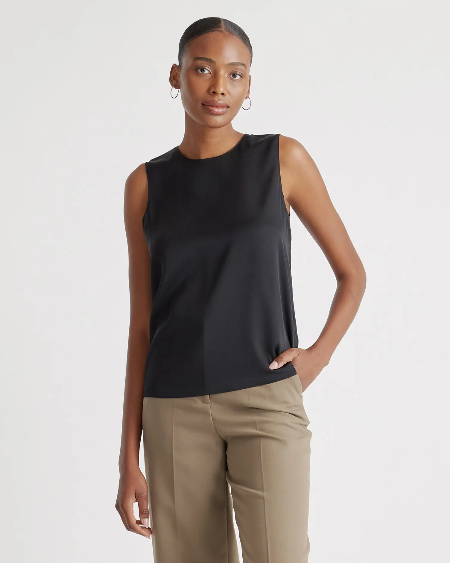 Washable Stretch Silk Shell Tank in Black | Quince