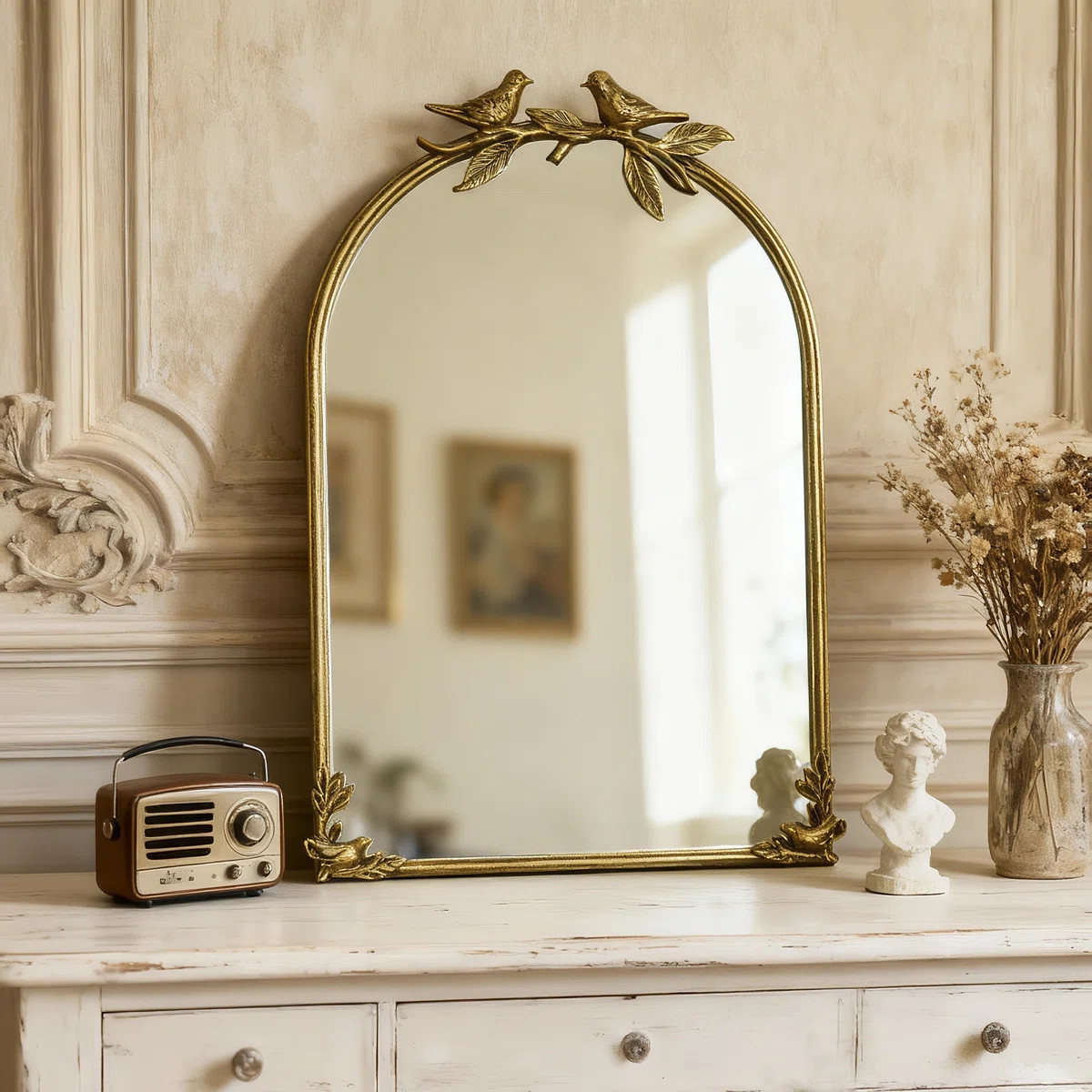 Arched Metal Wall Mirror with Vintage Bird & Branch Iron Wall Decor for Bedroom, Entryway, Living... | Wayfair North America