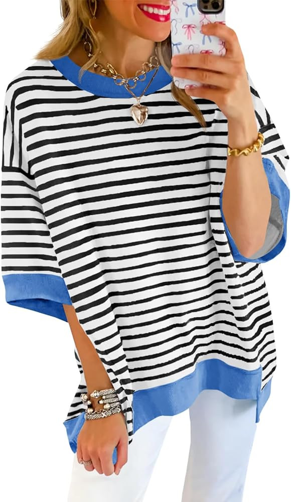 Tankaneo Womens Oversized T Shirts Striped Color Block Cotton Tops Summer Casual Half Sleeve Loos... | Amazon (US)