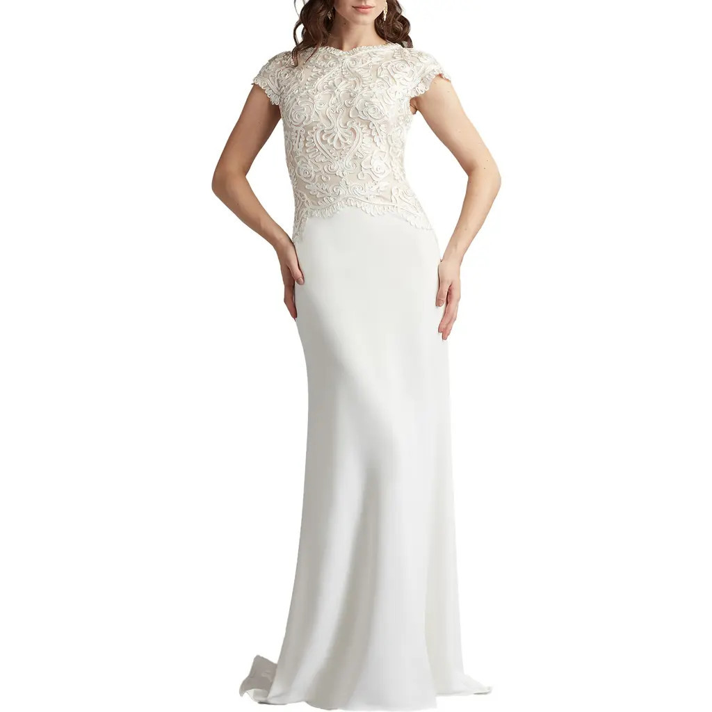 Tadashi Shoji Soutache Lace Cap Sleeve Trumpet Gown in Ivory/Petal at Nordstrom, Size 2 | Nordstrom
