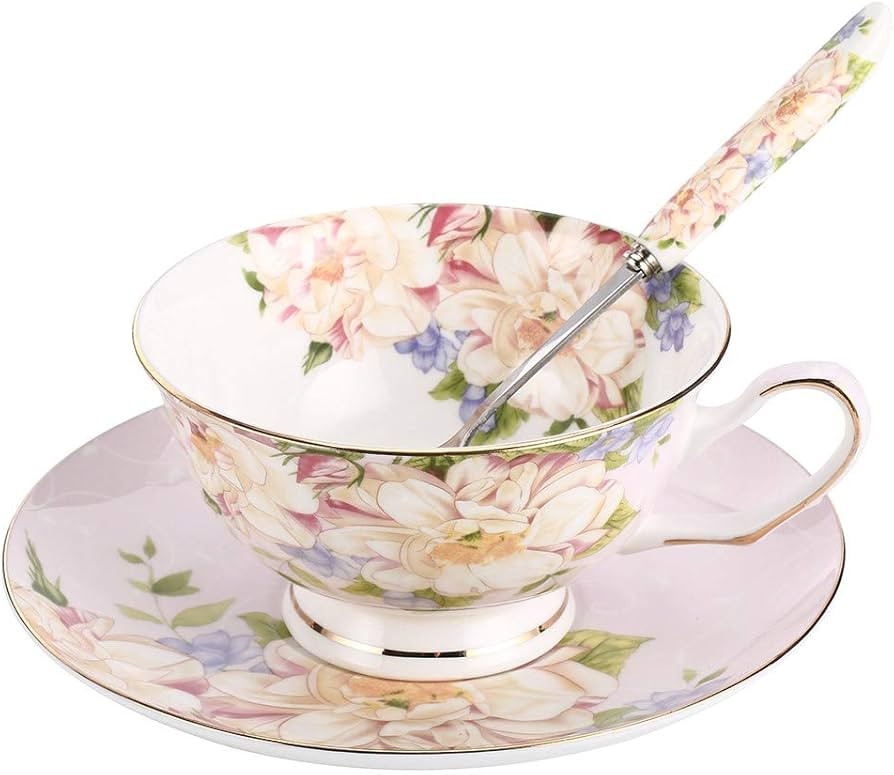 Pink Tea Cup, Floral Tea Cup and Saucer Set, Bone China, 7OZ, Coffee Cup Set for Adults/Friends/W... | Amazon (US)