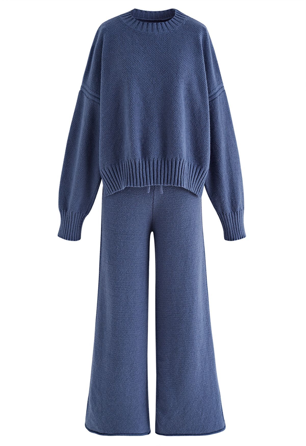 Waffle Knit Hi-Lo Sweater and Wide Leg Pants Set in Blue | Chicwish