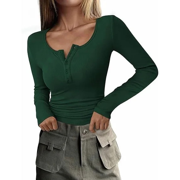 PRETTYGARDEN Women's 2026 Spring Fall Long Sleeve Henley T Shirts Button Ribbed Knit Slim Fit Cas... | Walmart (US)