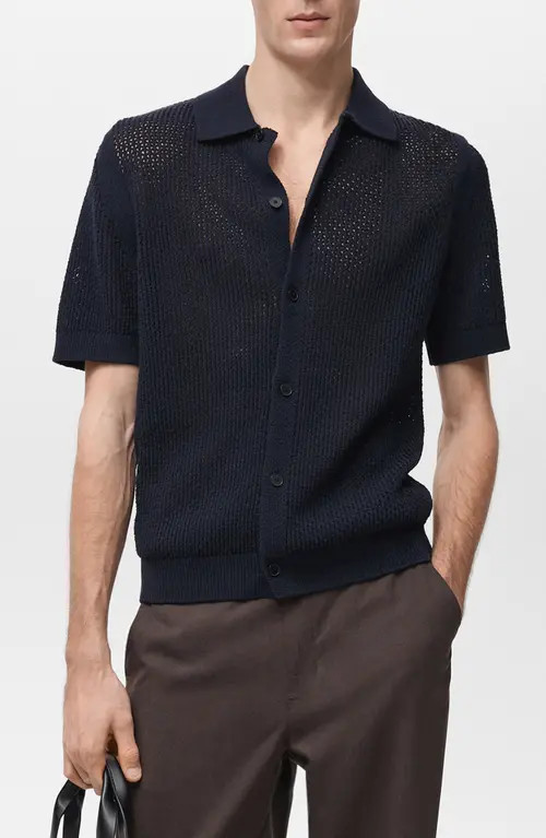 MANGO Openwork Short Sleeve Cotton Button-Up Shirt in Dark Navy at Nordstrom, Size Large | Nordstrom