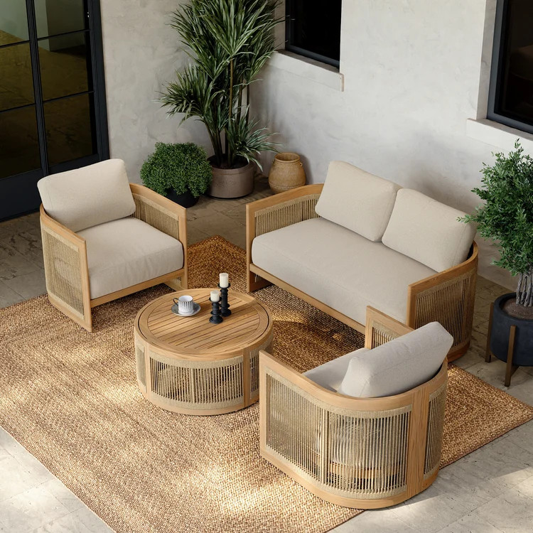Teak & Rope Weave Outdoor Sofa Set for 4 with Table｜Homary | Homary
