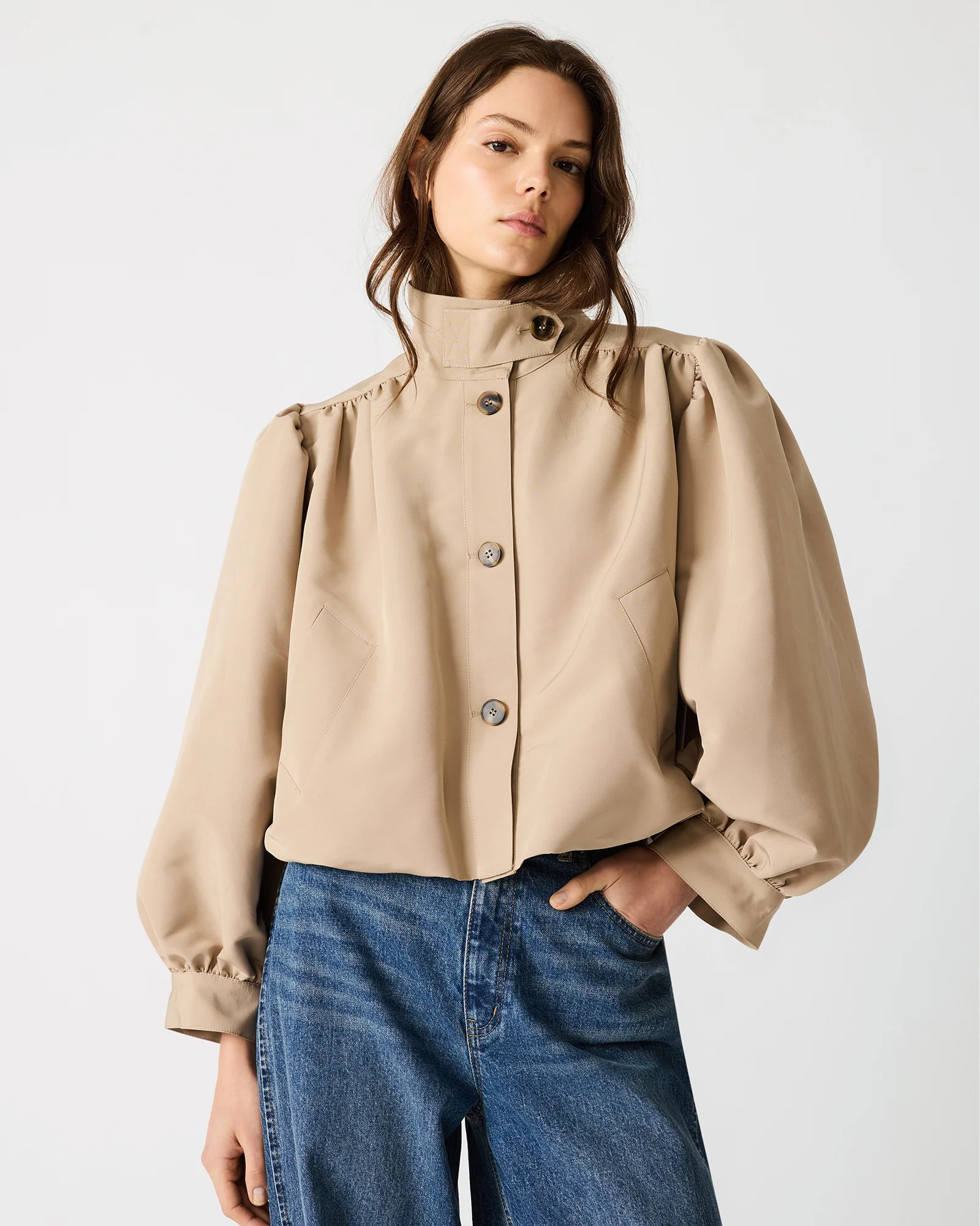 DEEDEE Tan Long-Sleeved Button-Up Collared Women's Jacket | Steve Madden (US)