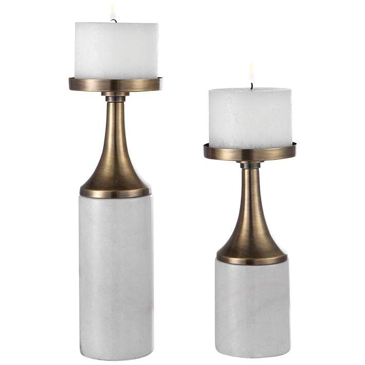 Castiel White and Brass Pillar Candle Holders Set of 2 | LampsPlus.com