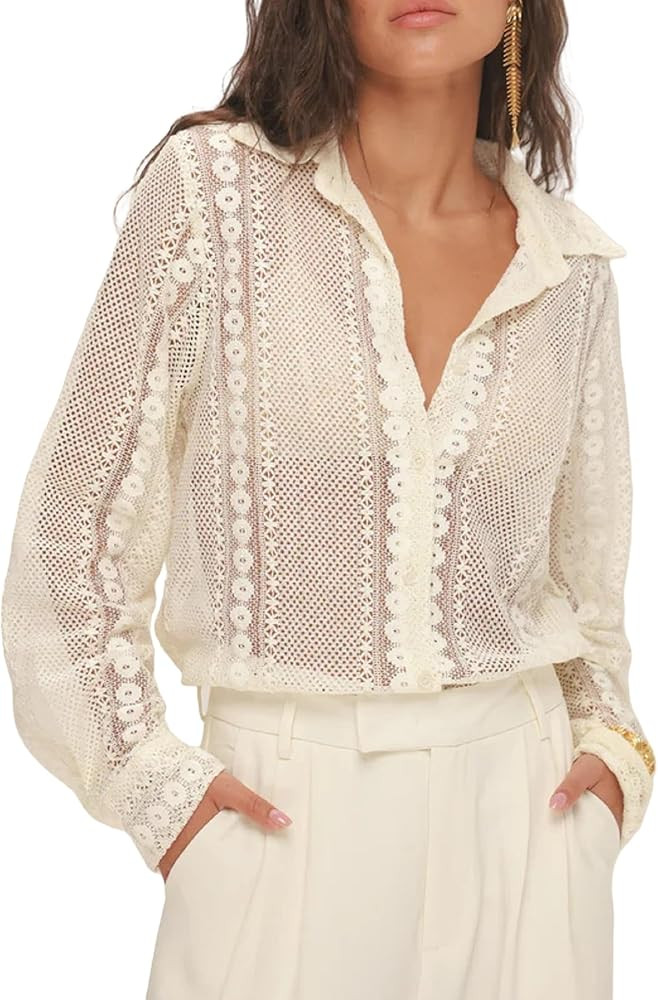 Women Long Sleeve Floral Lace Blouse Button Down Sheer Collared Shirt Embroidered Mesh Going Out ... | Amazon (US)