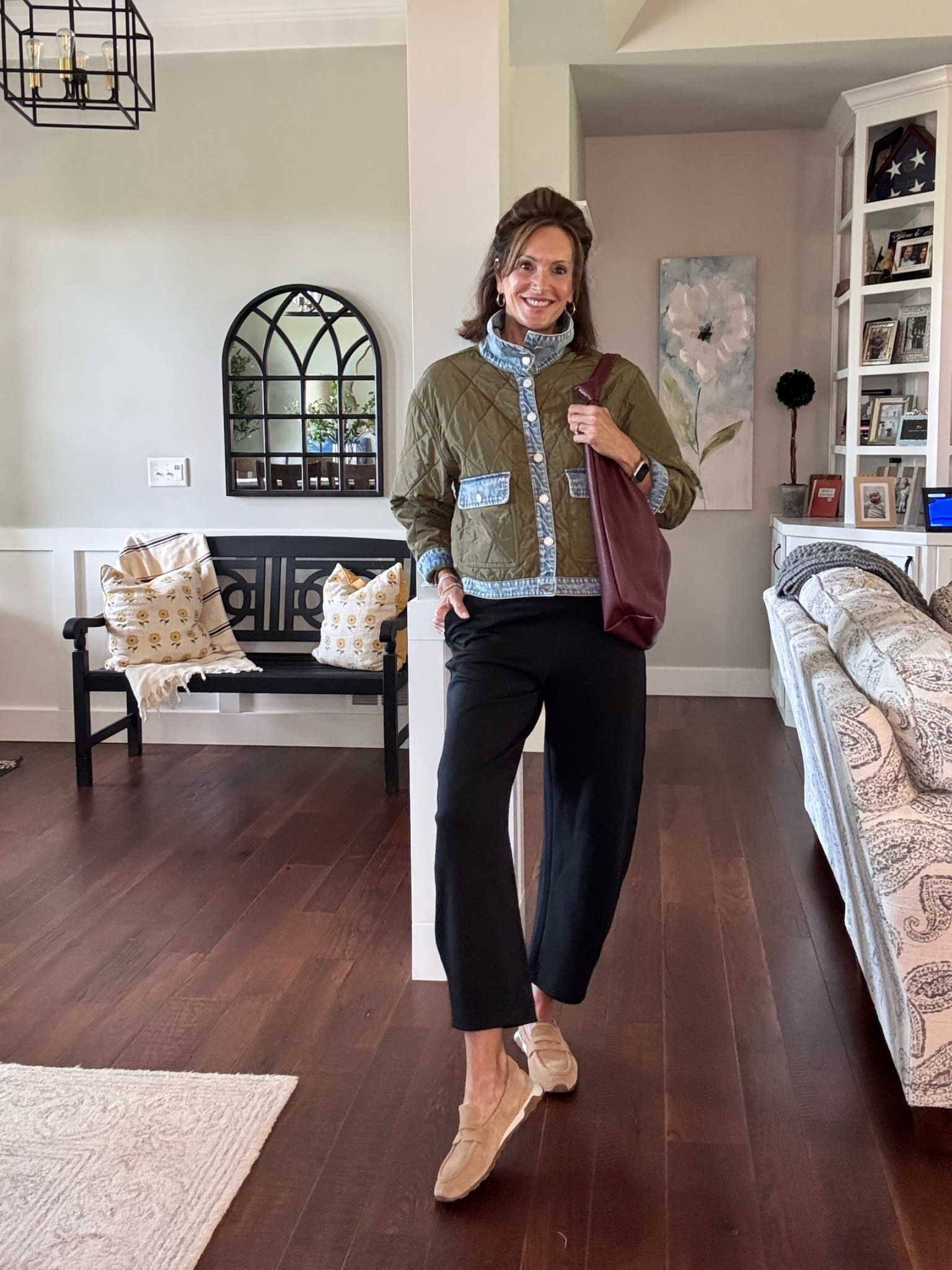 Quilted denim trim jacket - large 
White tee - large 
Ponte barrel pants - size small (they run big so consider sizing down) 

Fall style

#LTKMidsize #LTKTall #LTKTravel