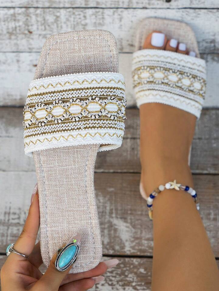 Summer Colorful Embroidery Flat Sandals, Vintage Beaded Flip Flops | SHEIN