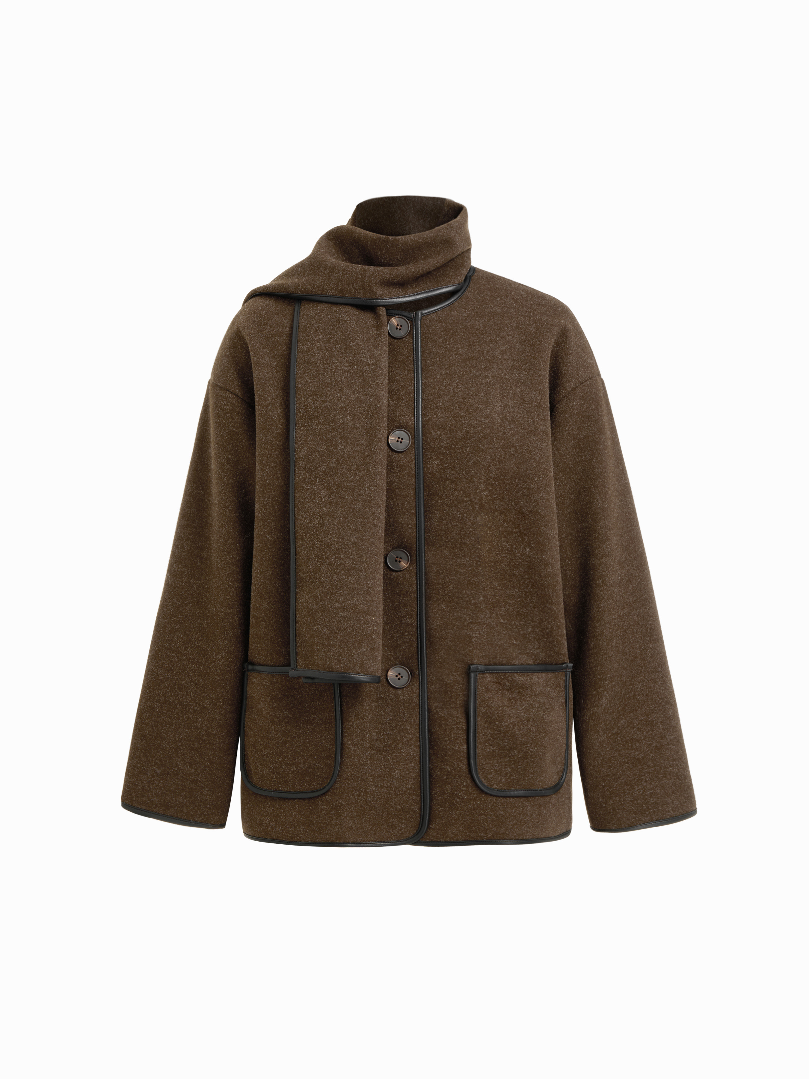 Wool-like fabrics Wool-Look Round Neckline Contrasting Binding Oversized Jacket With Scarf For Wo... | Cider