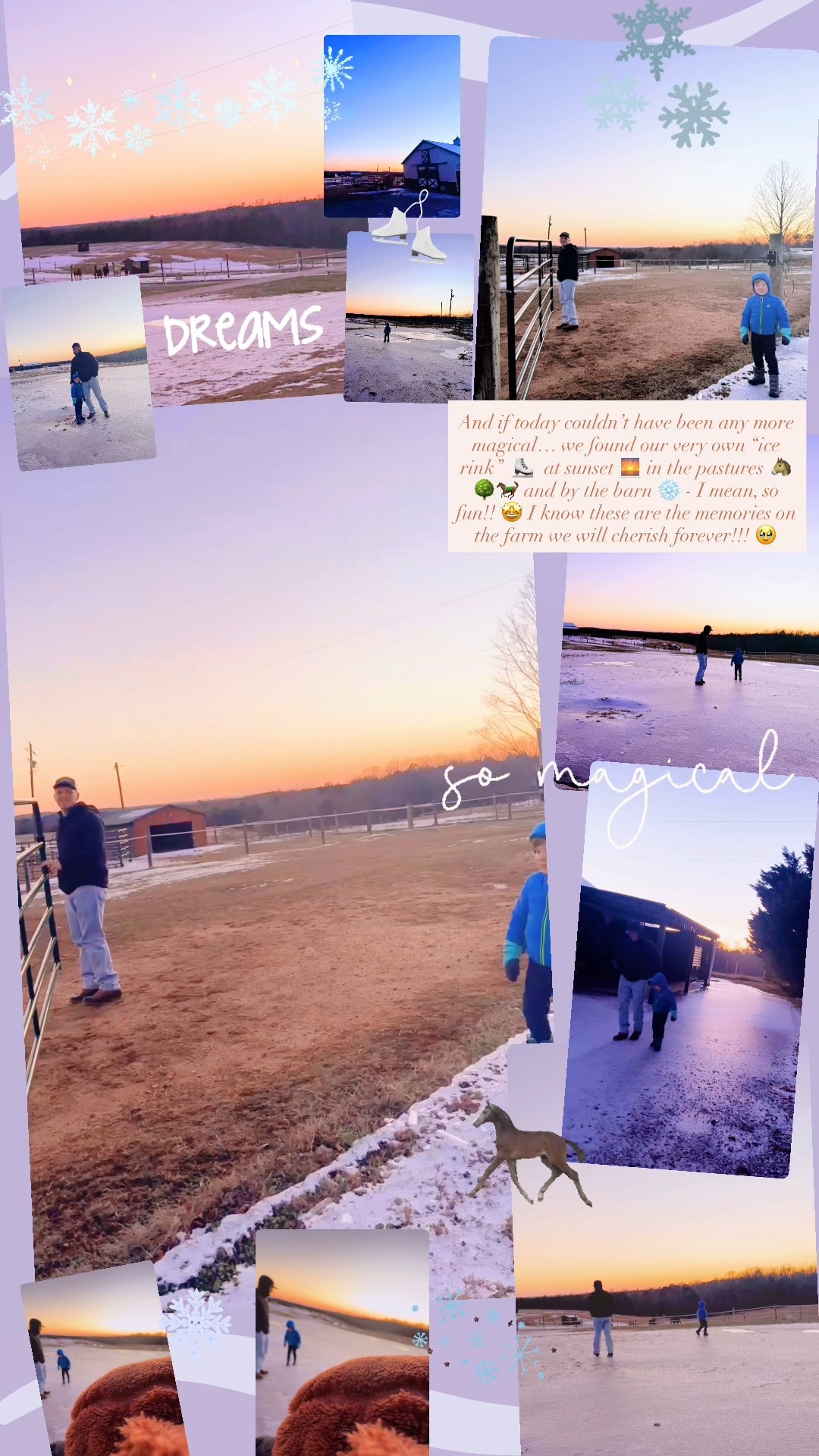 And if today couldn’t have been any more magical… we found our very own “ice rink”  ⛸️  at sunset 🌅 in the pastures 🐴🌳🐎 and by the barn ❄️ - I mean, so fun!! 🤩 I know these are the memories on the farm we will cherish forever!!! 🥹