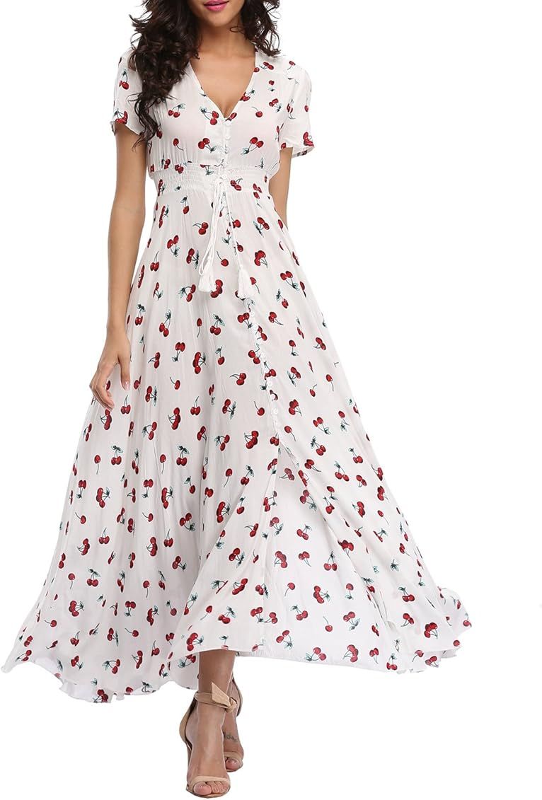 Cherry Print Maxi Dresses Boho Summer Beach Dress | Amazon (US)