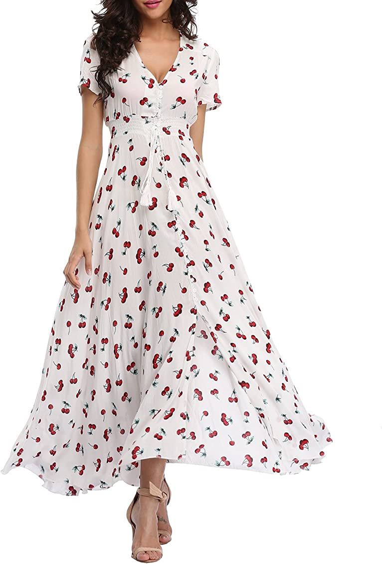 Cherry Print Maxi Dresses Boho Summer Beach Dress | Amazon (US)