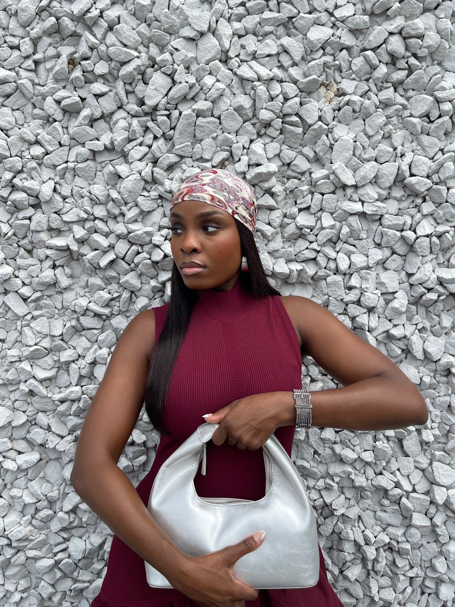 Amur midi burgundy Bordeaux elegant event dress asymmetrical drop waist dress paisley print scarf elegant outfit idea fall and spring 