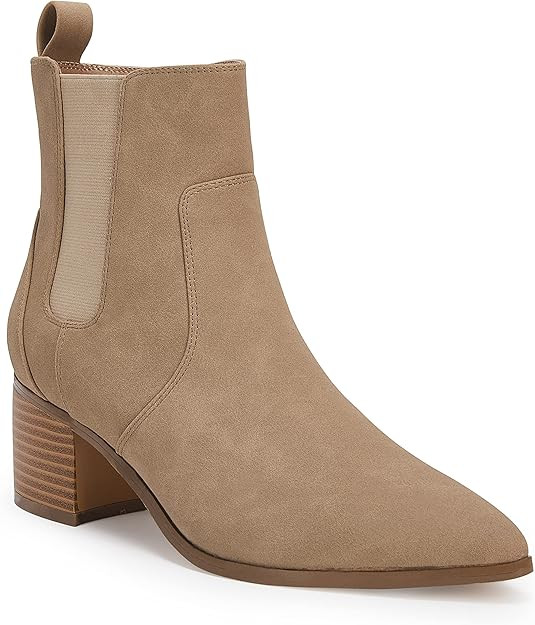 Coutgo Womens Ankle Boots Chelsea Pointed Toe Stacked Low Heel Vintage Booties Shoes with Zipper | Amazon (US)