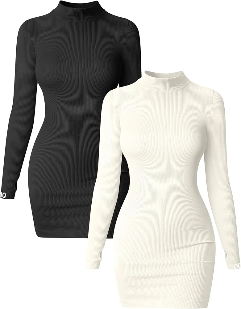 OQQ Women 2 Piece Dress Sexy Ribbed Mock Neck Long Sleeve Tummy Control Mini Dresses | Amazon (US)