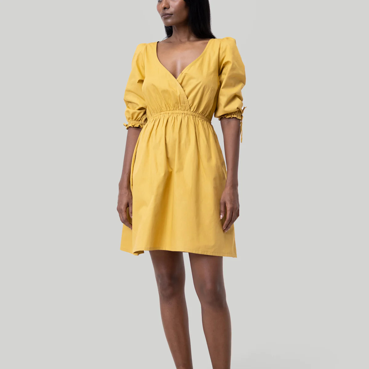 Gathered Elbow Sleeve Short Dress in Mustard | Reistor