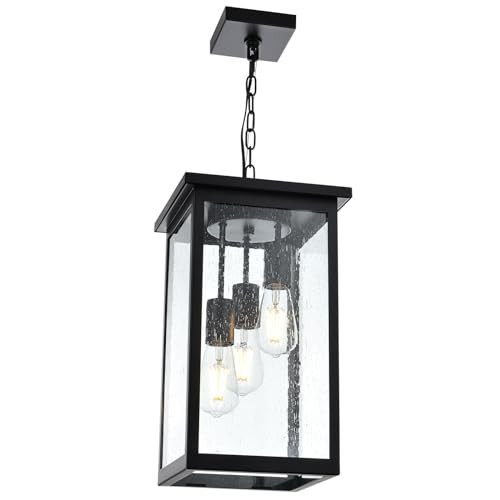 TODOLUZ 3-Lights Large Outdoor Pendant Light, Black Porch Ceiling Lighting Fixtures with Seeded Glass Panel, Exterior Hanging Lantern Adjustable Chain for Yard Entryway Patio | Amazon (US)