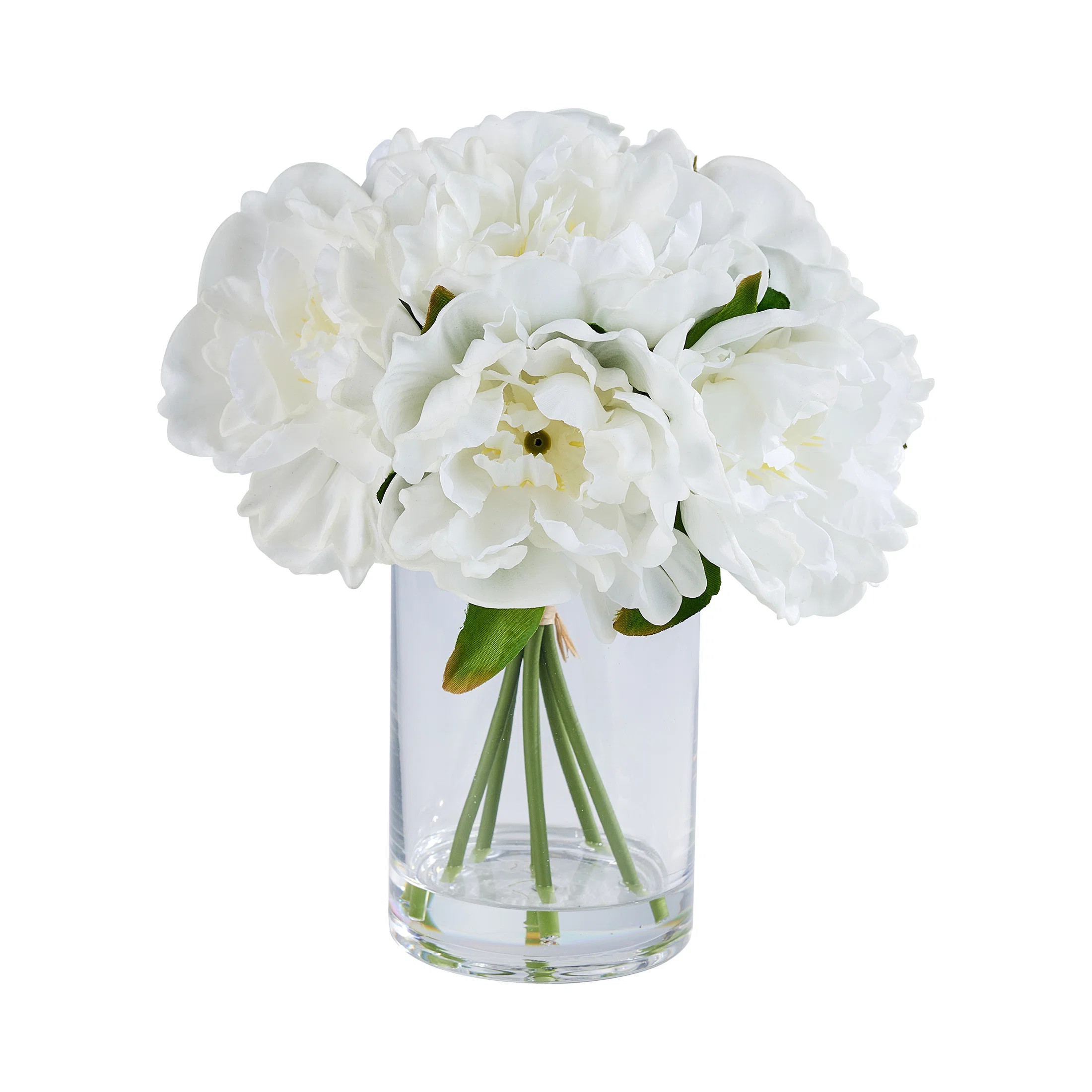 Elegant Real Touch Artificial Peony Arrangement In Cylindrical Glass Vase With Faux Water - Modern 11" Handcrafted Silk Floral Centerpiece For Tableto | Wayfair North America