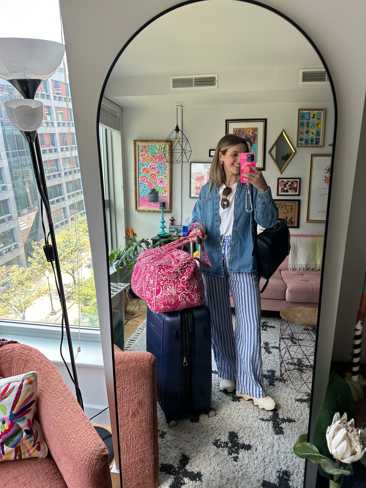 Airport outfit! The denim shirt came off immediately and packed into my carry on. But love it for a layer on the plane. 

New sneakers are sooo comfy and cute! I got my usual 8 but they are pretty narrow at the toes and I wish I had an 8.5.