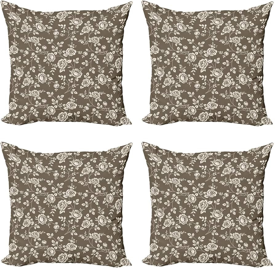 Lunarable Rose Throw Pillow Cushion Case Pack of 4, Silhouette Pattern of Rose Branches Twig Orna... | Amazon (US)
