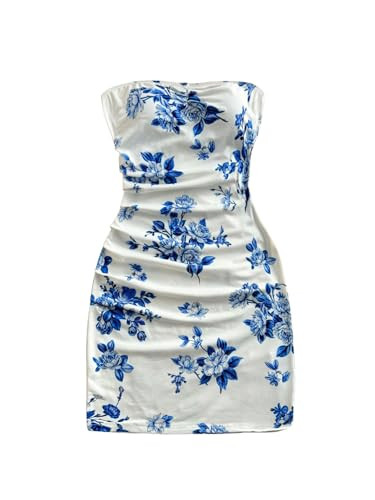 MakeMeChic Women's Summer Floral Tube Top Mini Dresses Blue and White Ruched Strapless Sundress | Amazon (US)
