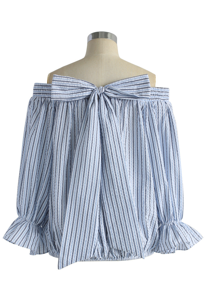 Pastel Blue Stripes Off-shoulder Top with Bowknot | Chicwish
