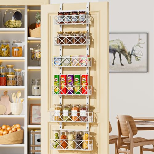 Over the Door Pantry Organizer 6-Tier Adjustable Baskets Hanging Spice Door Rack Narrow - 13.1" W x 52.3" H Behind the Door Storage for Kitchen, Bathroom, and Closet Organization-White | Amazon (US)